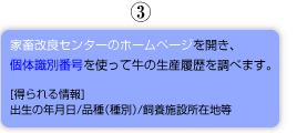 3.家畜改良センターのホームページを開き、個体識別番号を使って牛のj生産履歴を調べます。　[得られる情報]出生の年月日/品種（種別）/飼養施設所在地など